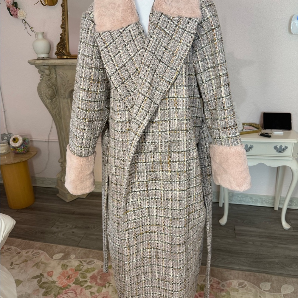 Eloquii Plaid Trench Coat with Pink and Gold Accents